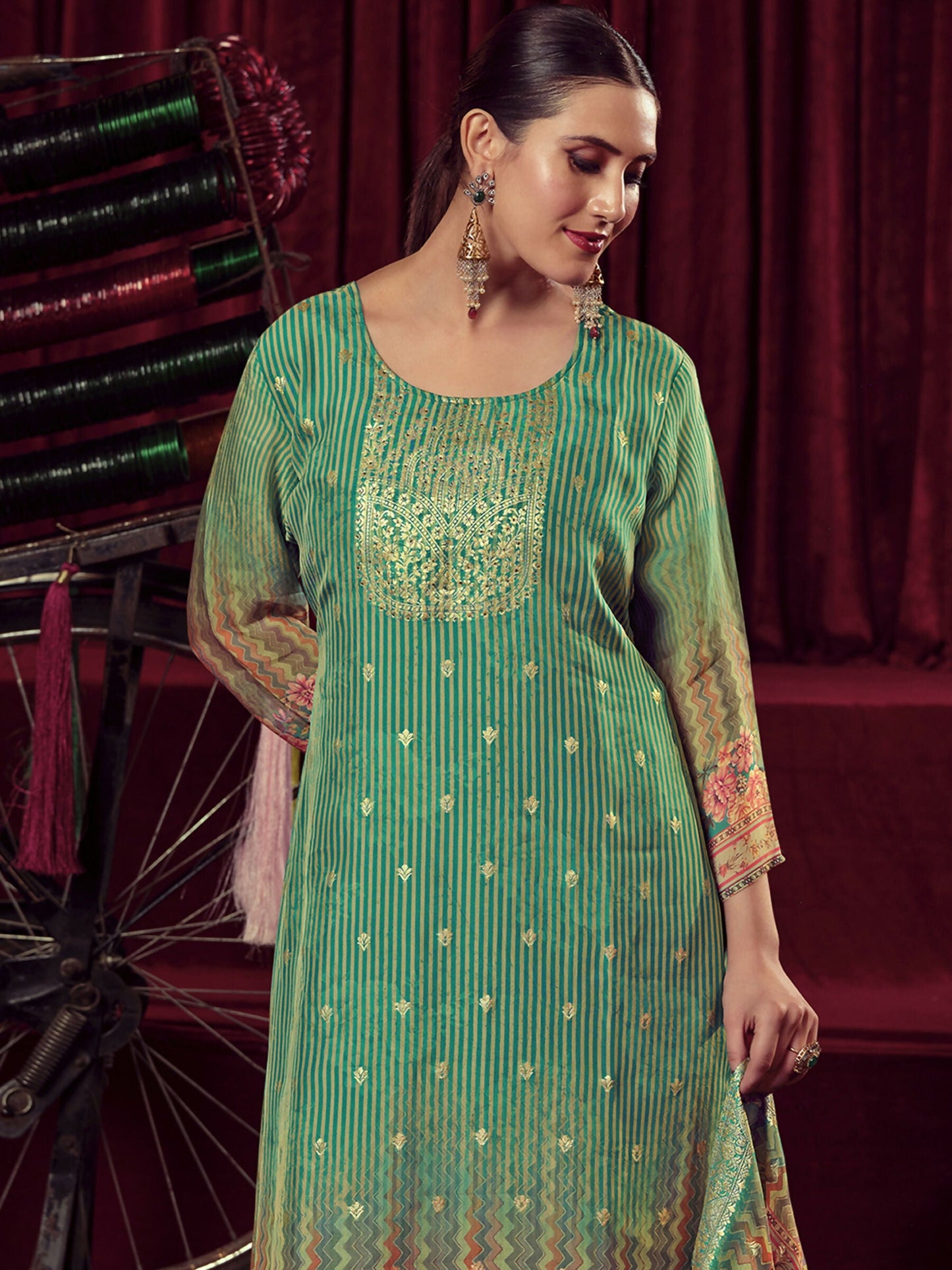 Jyoti Fashion Women's Green Organza Jacquard Woven Kurta with Trouser & Dupatta | Swadesiicart