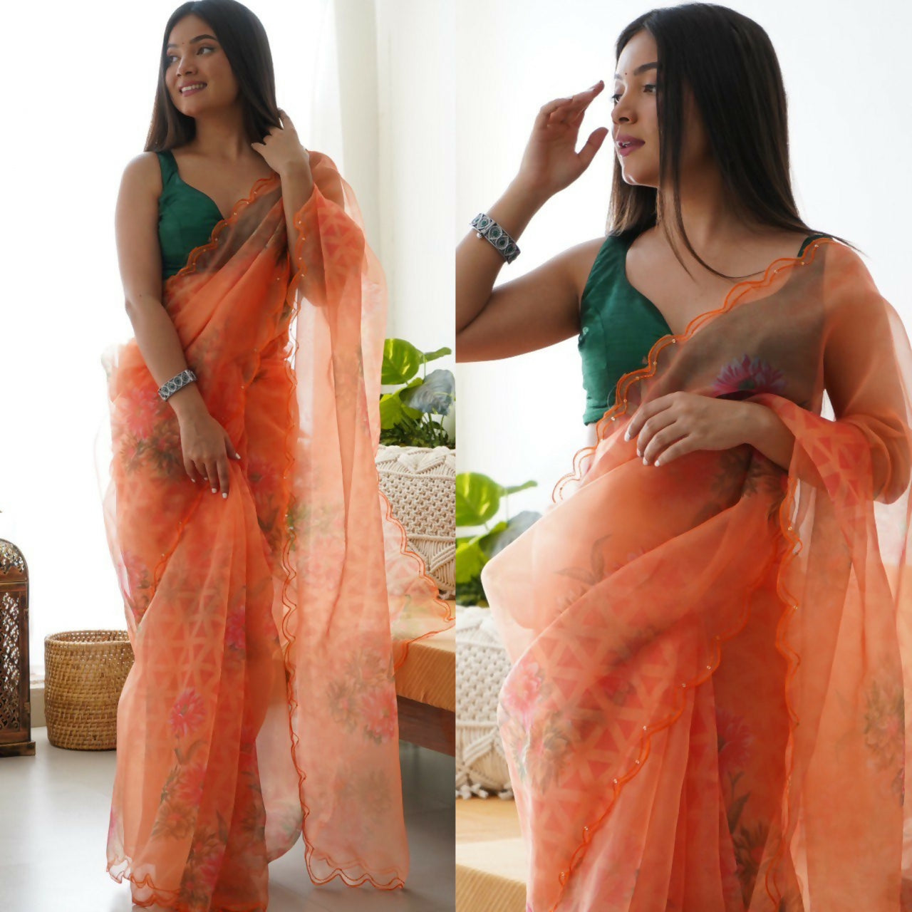 Vamsee Rency Peach Organza Saree - Swadesiicart