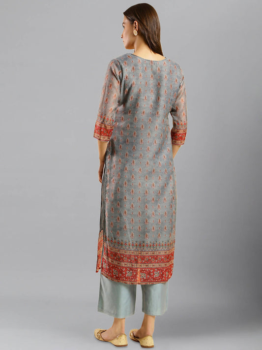 Grey Chinon Digital Printed With Hand Work Kurta - Himanshi - Swadesiicart