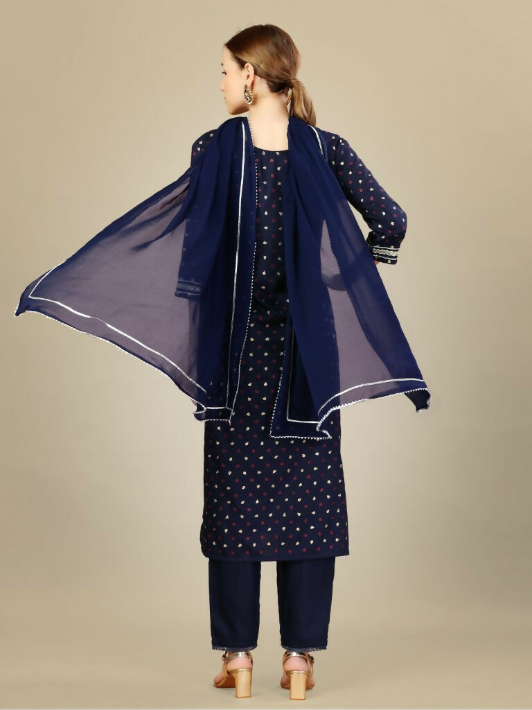 Jyoti Fashion Women's Navy Blue Silk Blend Embroidery & Sequence work Kurta with Trouser & Dupatta | Swadesiicart