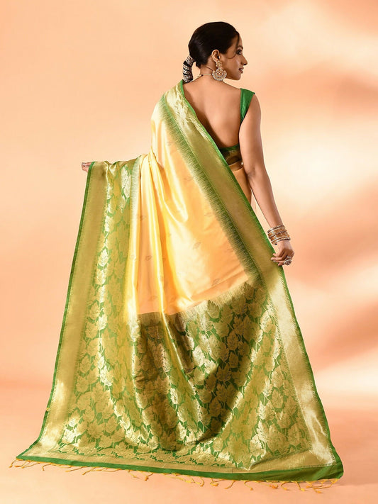 Joban Fashion Light Yellow & Parrot Green Plain With Weaving Border Banarasi Silk Sarees | Swadesiicart