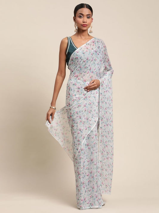Ahalyaa Women's Grey Chiffon Digital Print Floral Saree | Swadesiicart