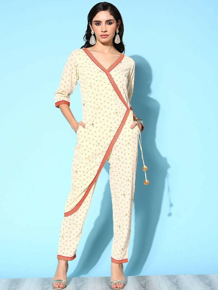 Ahalyaa Womens Offwhite Crepe Printed Jumpsuit - Swadesiicart