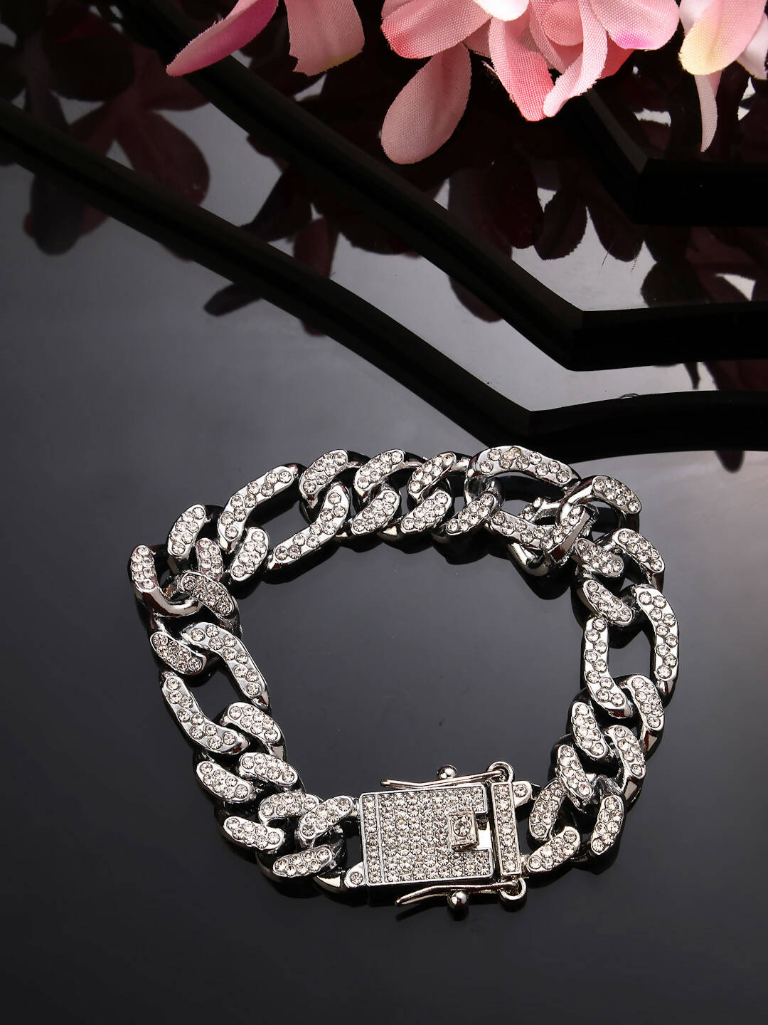 NVR Men Silver-Plated Stainless Steel American Diamond Studded Link Bracelet - Swadesiicart