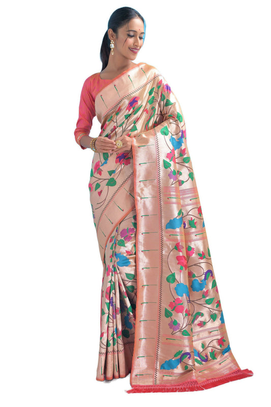 Vishnu Weaves Women's Peach Paithani Silk Minakari Zari Woven Saree with Unstitched Blouse - Swadesiicart