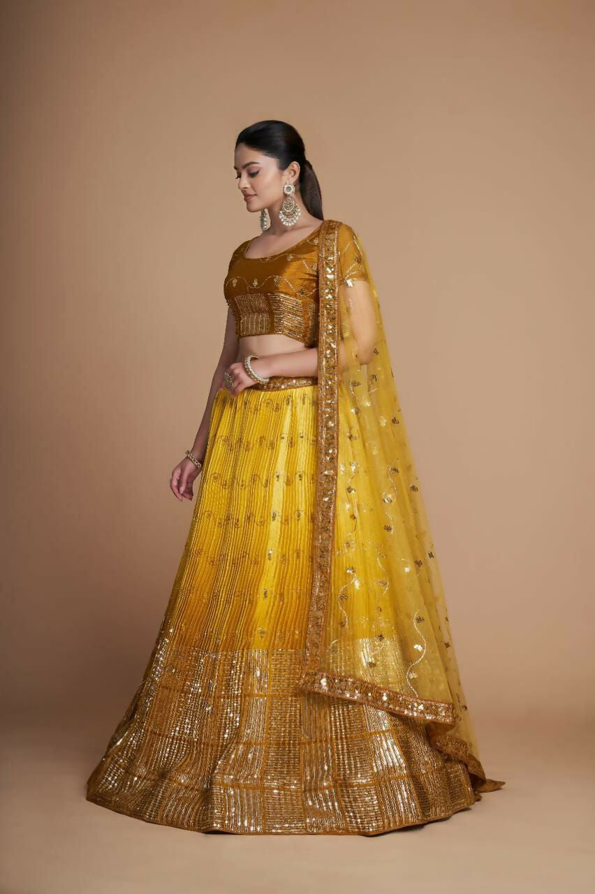 Jyoti Fashion Women's Mustard Heavy Chinon Sequins Embroidered Designer Lehenga Choli Set | Swadesiicart