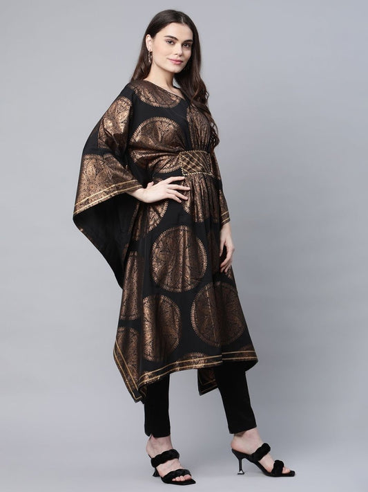Ahalyaa Women Black Crepe Copper Foil Printed Flared Sleeve Kaftan Kurta | Swadesiicart