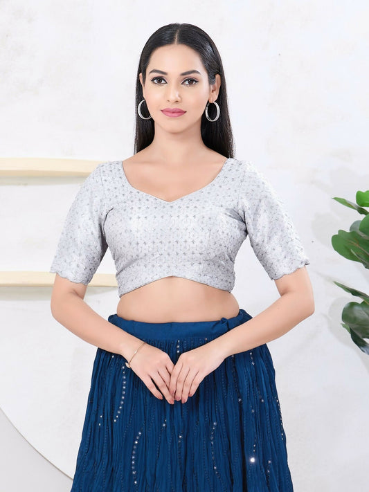 Joban Fashion Silver Tissue Elbow Sleeveless Back Open Blouse - Swadesiicart