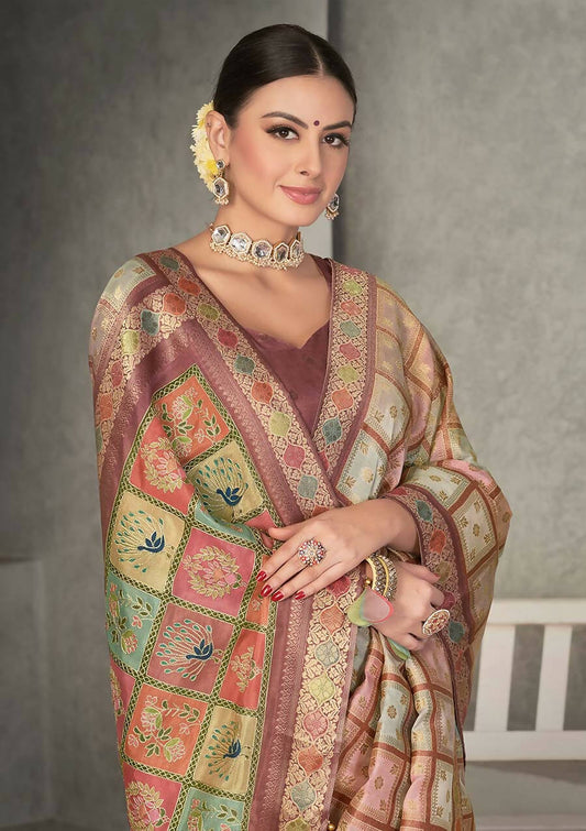 Peach Rangkat Tussar Silk Woven Design Saree with Unstitched Blouse - Mohmanthan Eshani | Swadesiicart