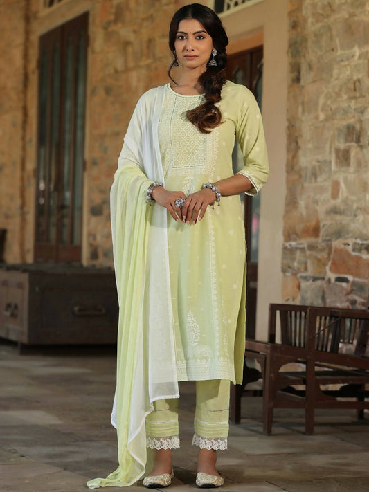 Juniper Women's Lime Green Cambric Floral Print Kurta Straight Pant And Duptta Sets | Swadesiicart