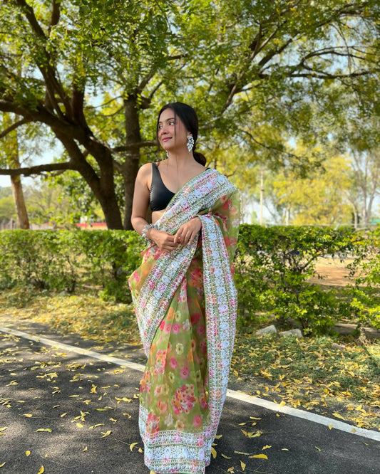 Vamsee Green Organza Saree - Swadesiicart