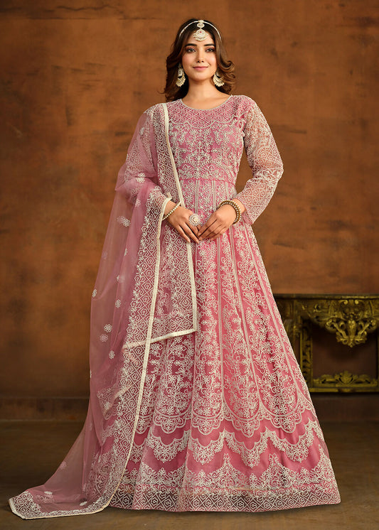 Pink All Over Embroidered Net Wedding Anarkali Suit - Emponline | Swadesiicart