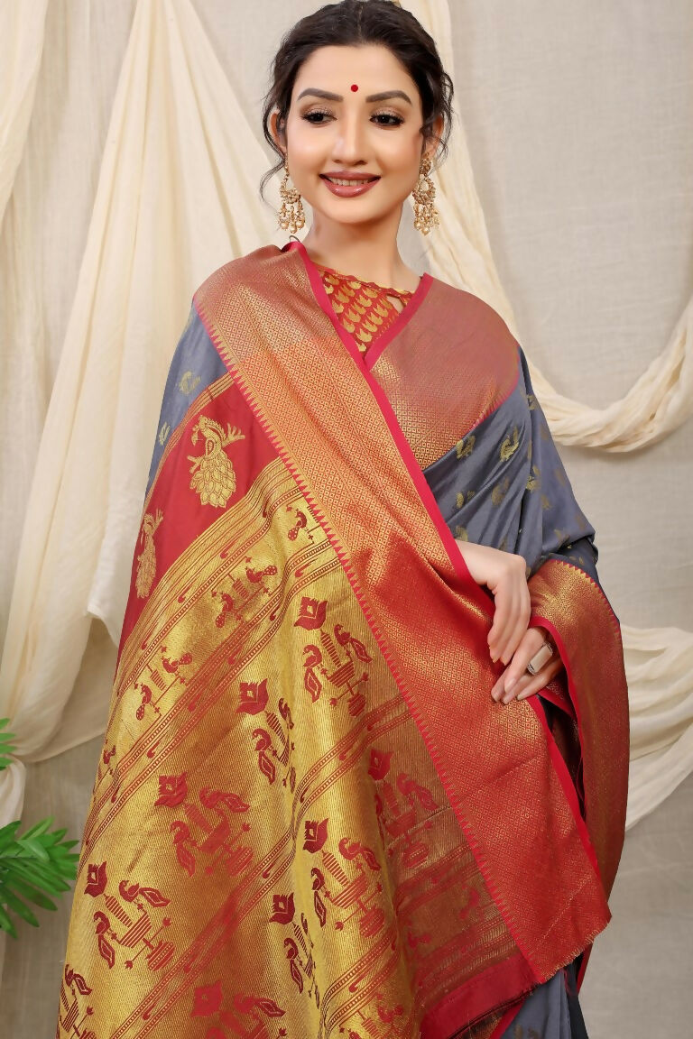 Jyoti Fashion Women's Grey Banarasi Silk Zari Woven Saree with Blouse | Swadesiicart