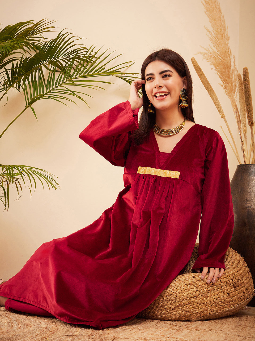InWeave Women's Barn Red V Neck Asymmetrical Pleated Velvet Kurta Set - Swadesiicart