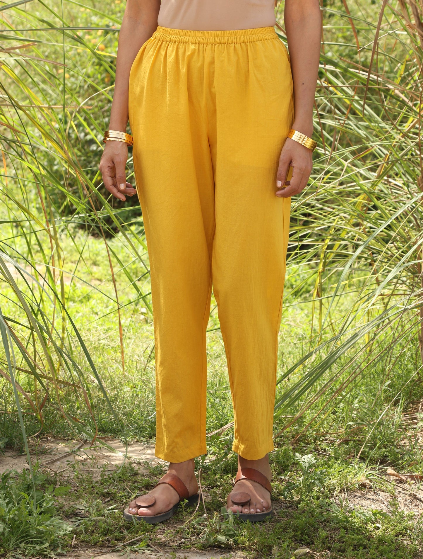 trueBrowns Mustard Cotton Embroidered Flared Kurta Set | Swadesiicart