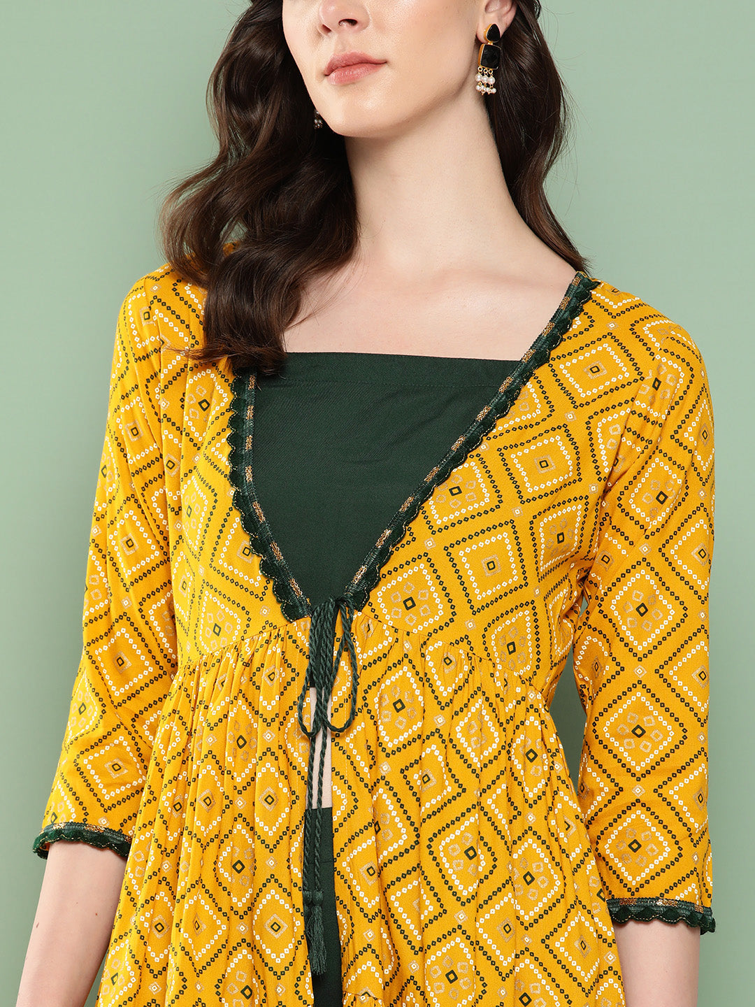 InWeave Women's Green Top Bottom W Mustard Bandhej Long Shrug Set - Swadesiicart