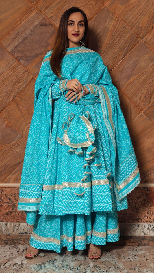 Pomcha Jaipur Neelkari Blue Cotton Anarkali Set | Swadesiicart