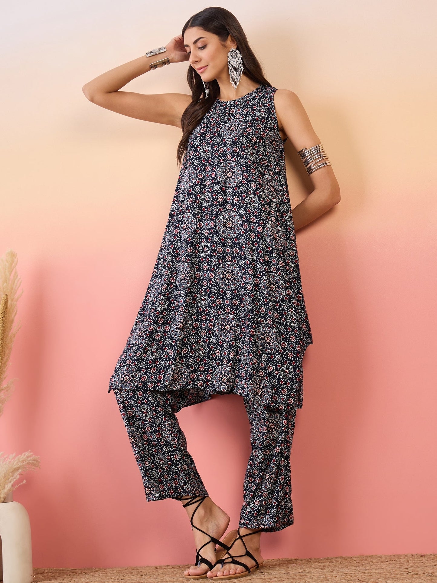 InWeave Navy Maroon Ajrakh Foil Round Neck Kurta Pant Set - Swadesiicart