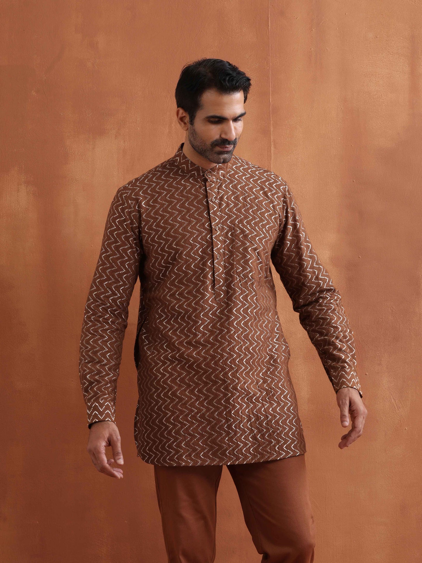 trueBrowns Men's Brown Cotton Dobby Short Kurta | Swadesiicart