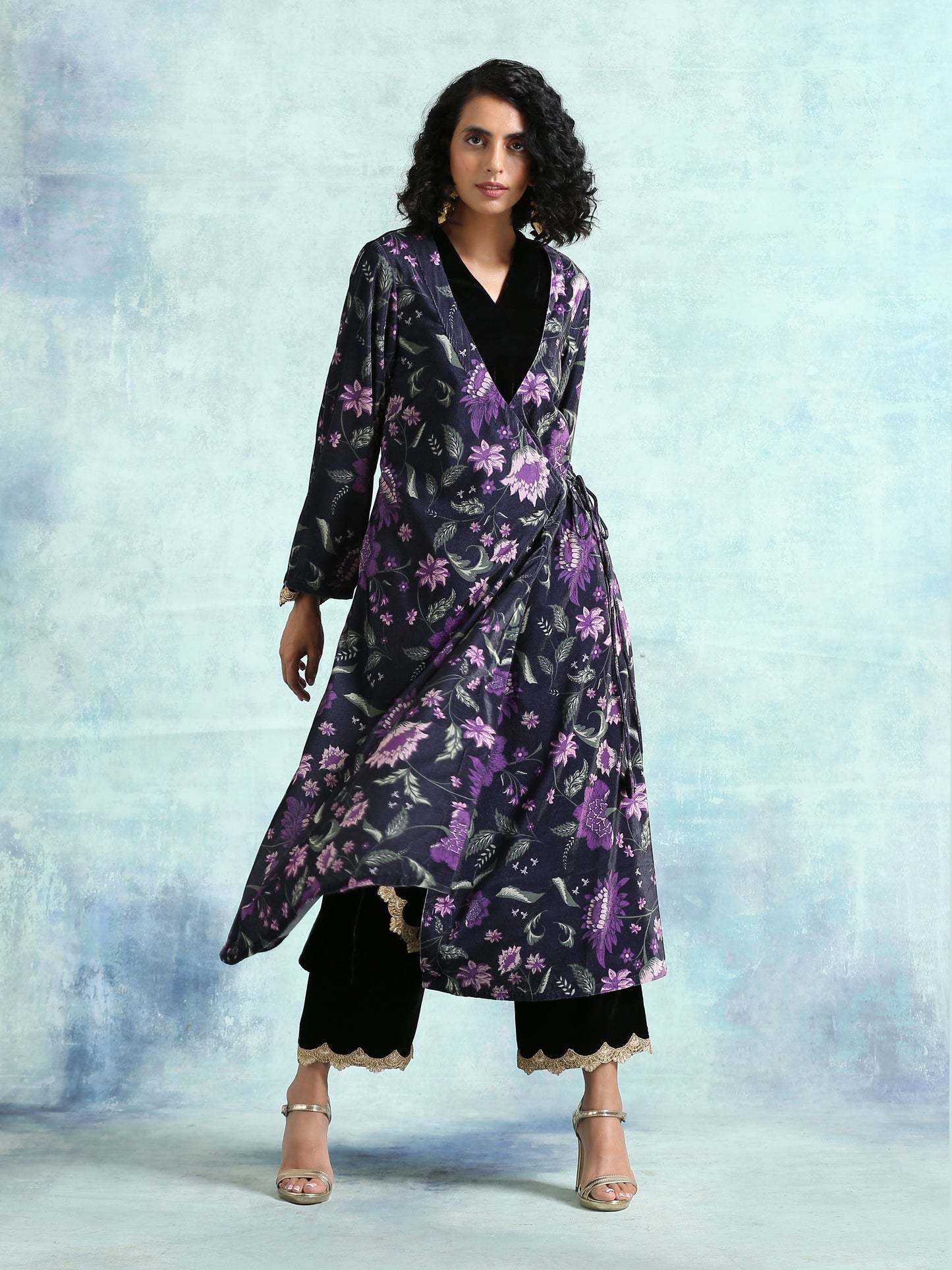 trueBrowns Black Printed Velvet Angrakha Jacket | Swadesiicart