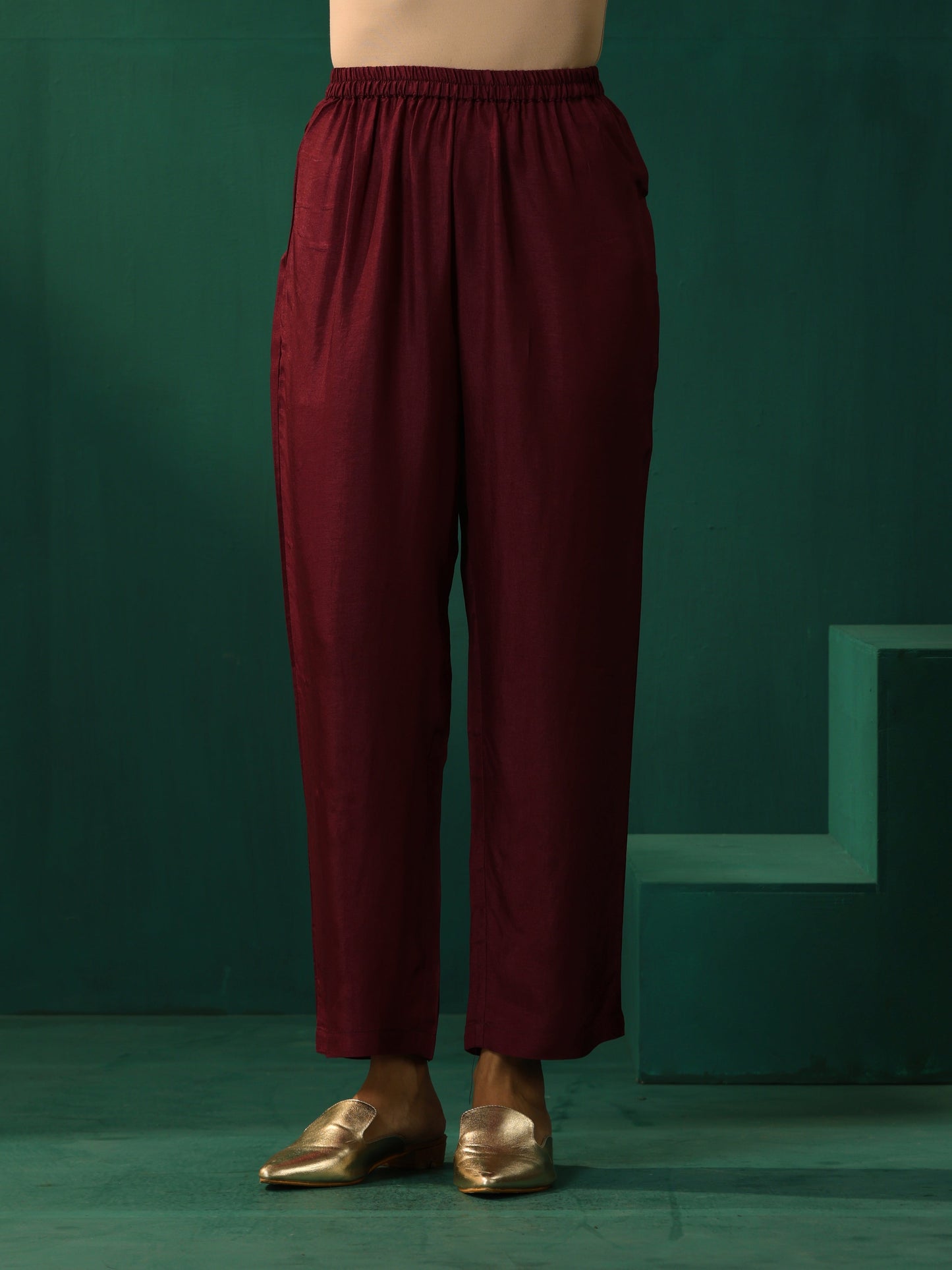 trueBrowns Wine Diamond Viscose Silk Waist Sleeve Gathered Co-ord Set - Swadesiicart