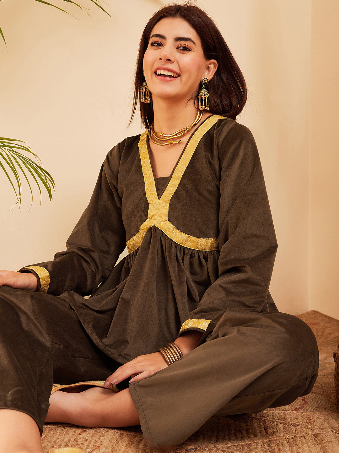 InWeave Women's Brown Mughal Shaan Style Velvet Short Kurta Set - Swadesiicart