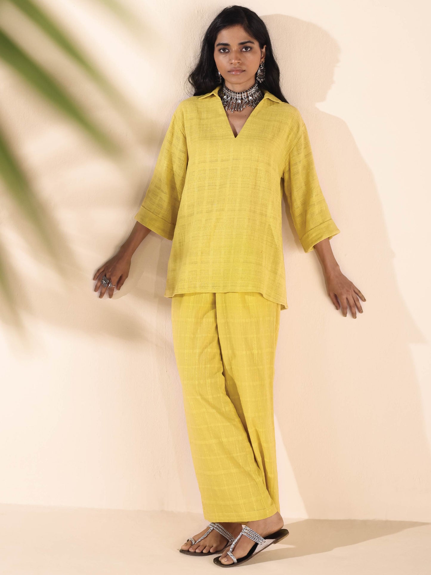 trueBrowns Lime Cotton Dobby V-Neck Co-ord Set - Swadesiicart