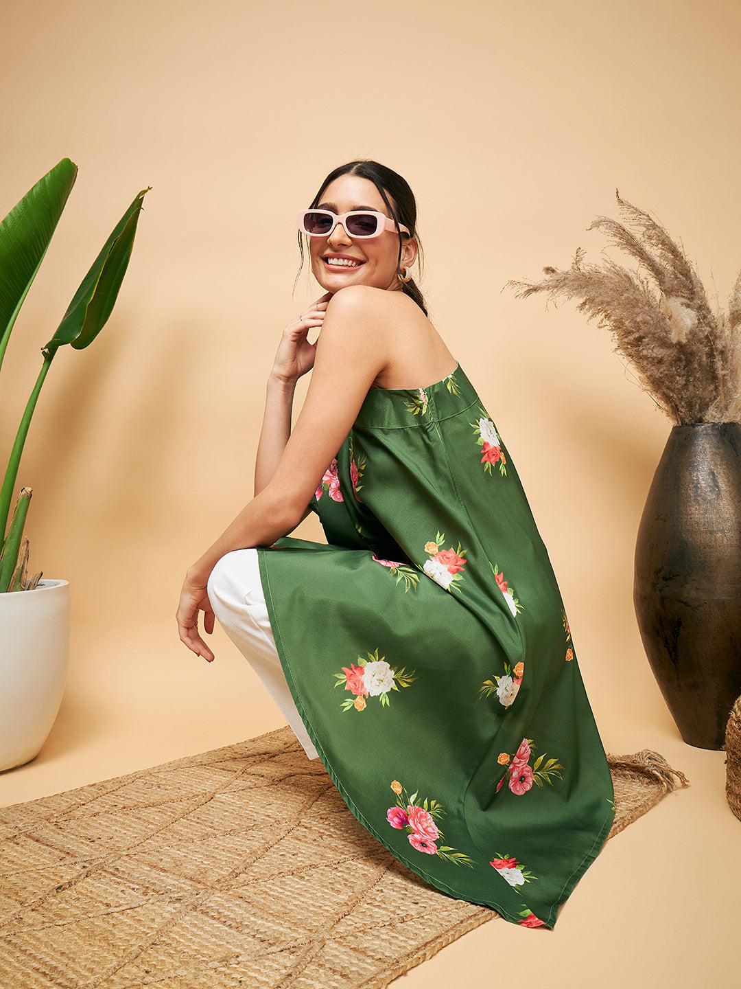 InWeave Women's Green Small Flower One Shoulder Kurta - Swadesiicart