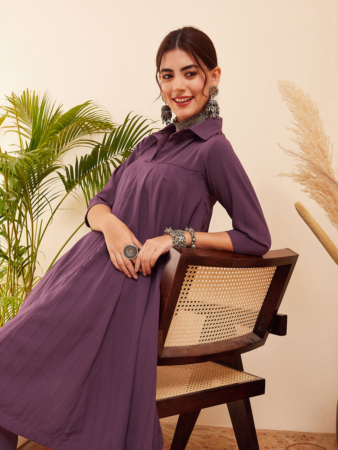 InWeave Women's Graphite Grey Collared Neck Flared Kurta Pant Set - Swadesiicart