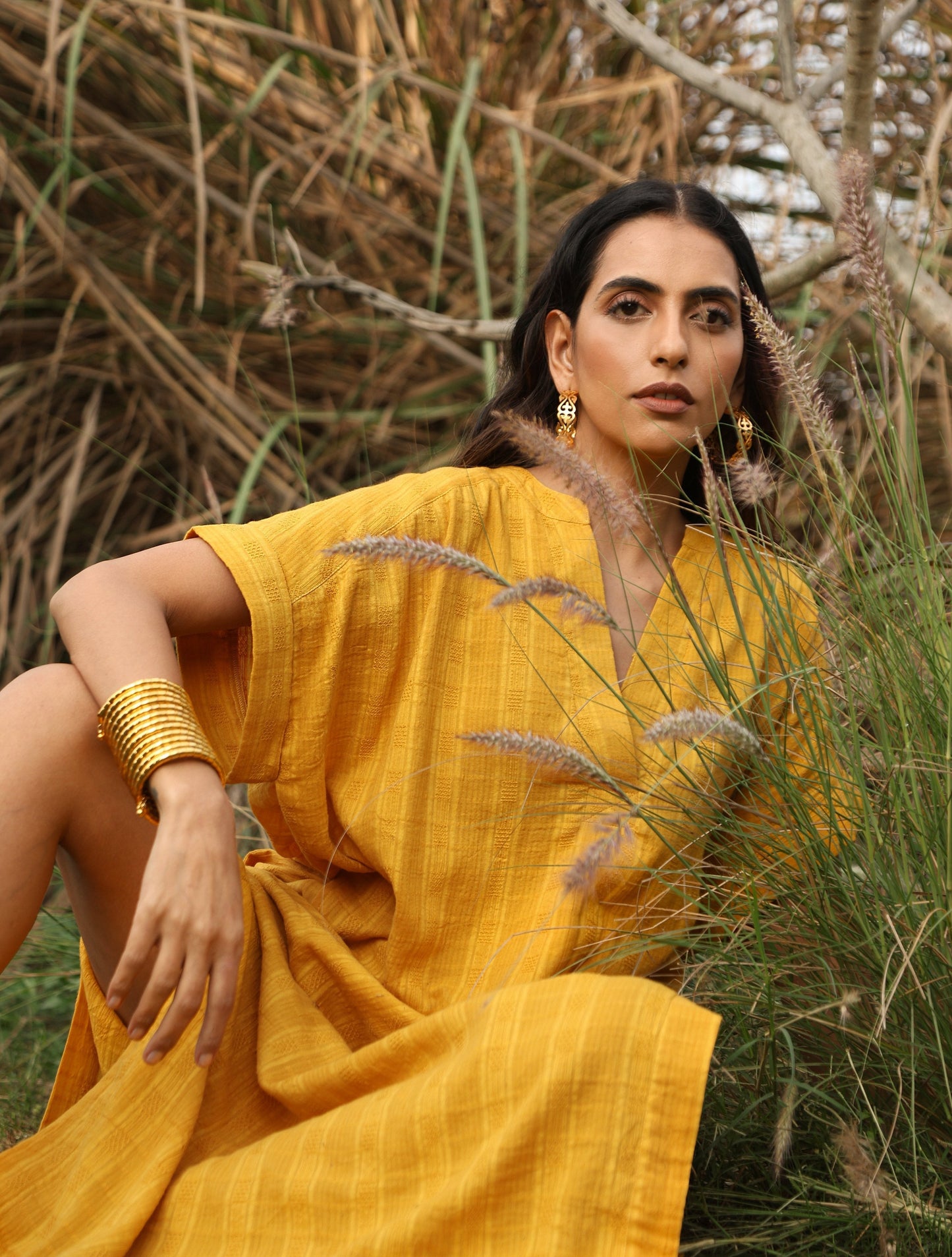 trueBrowns Mustard Cotton Dobby Oversized Dress | Swadesiicart