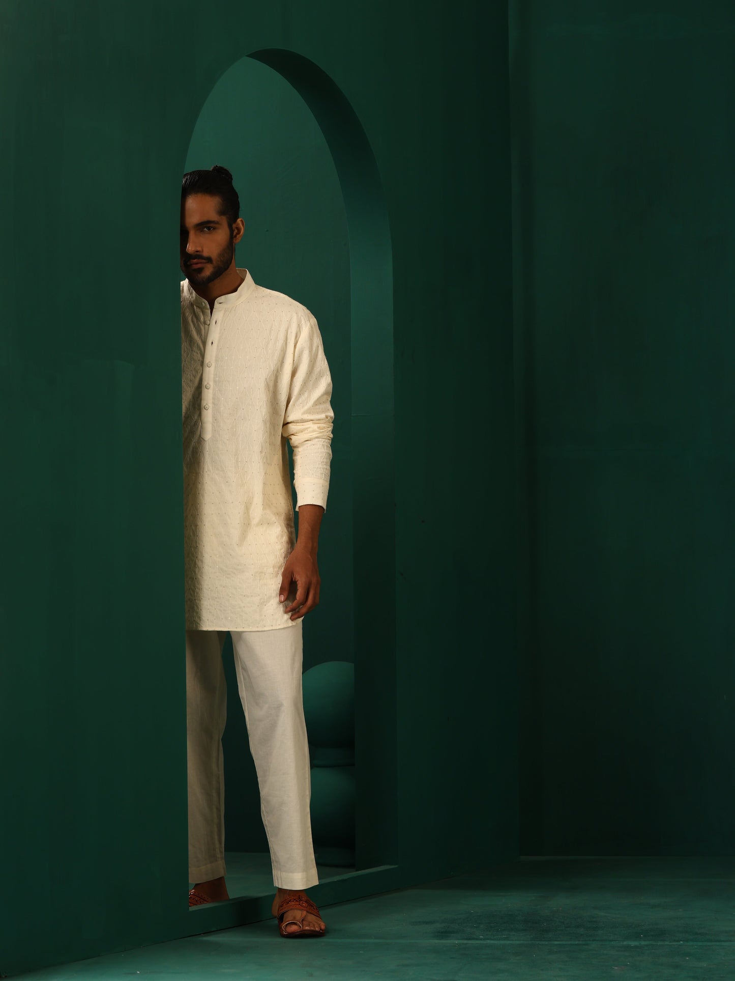 trueBrowns Men's Ivory Tonal Cotton Co-ord Set - Swadesiicart