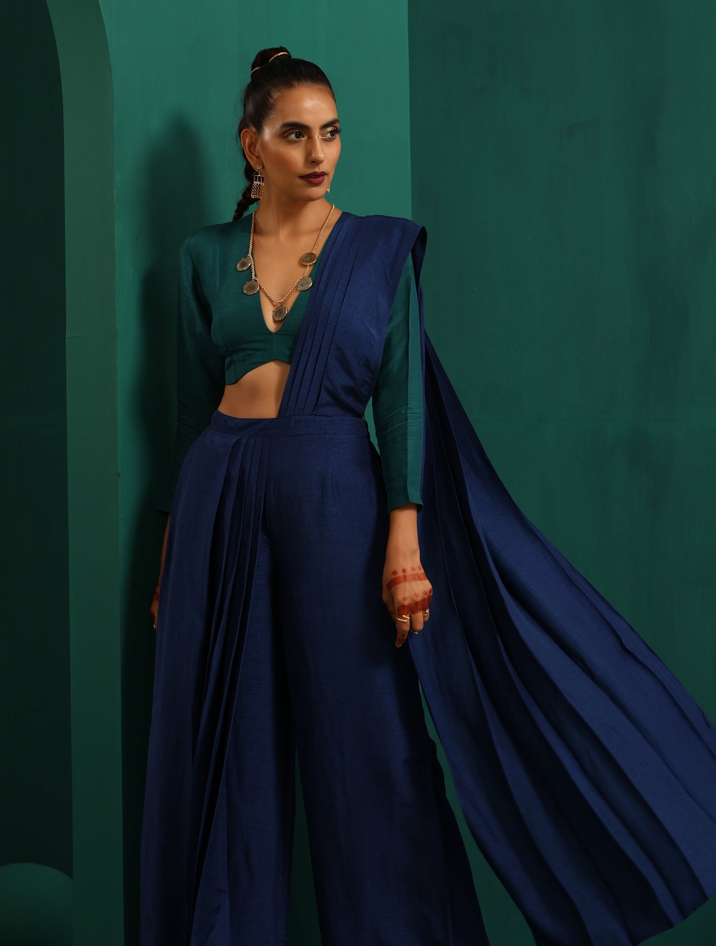 trueBrowns Blue Silk Palazzo Stitched Saree | Swadesiicart