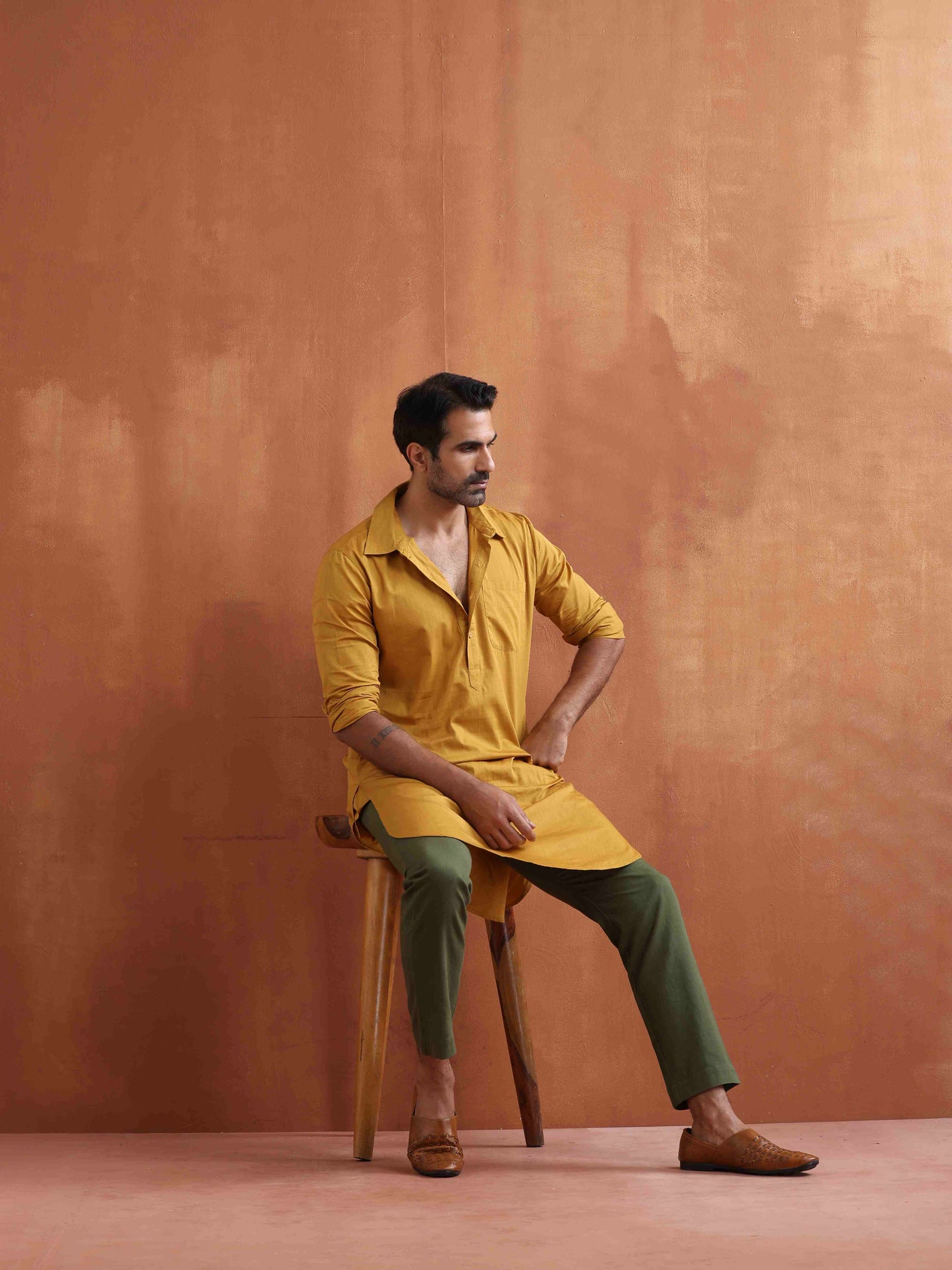 trueBrowns Men's Mustard Cotton Kurta | Swadesiicart