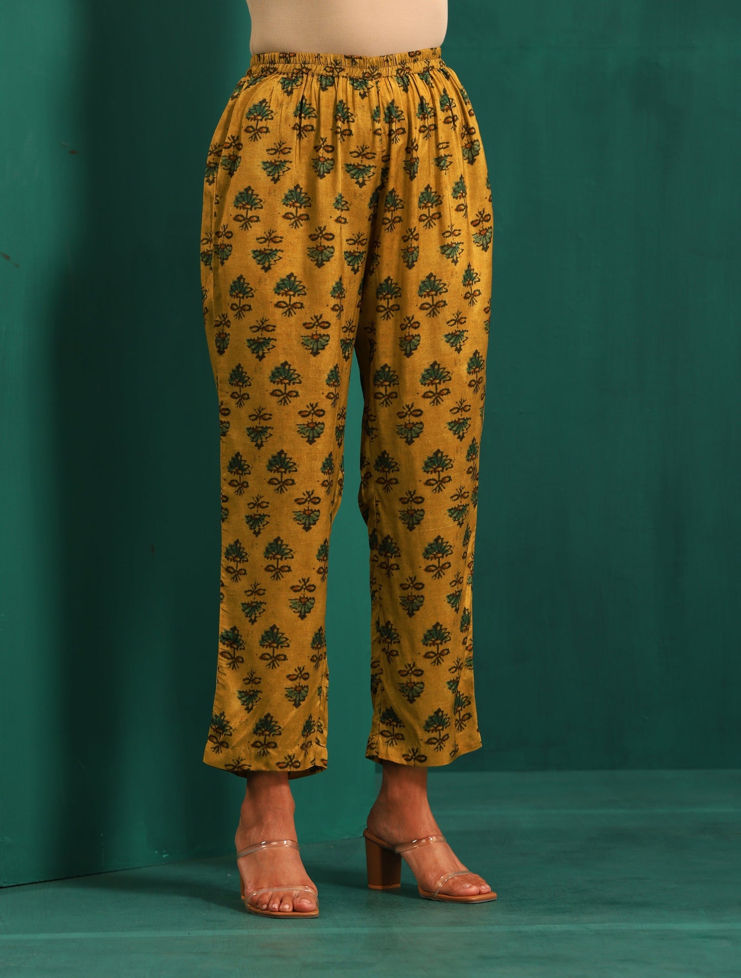 trueBrowns Mustard Flower Stem Muslin Silk Printed Relaxed Co-ord Set - Swadesiicart
