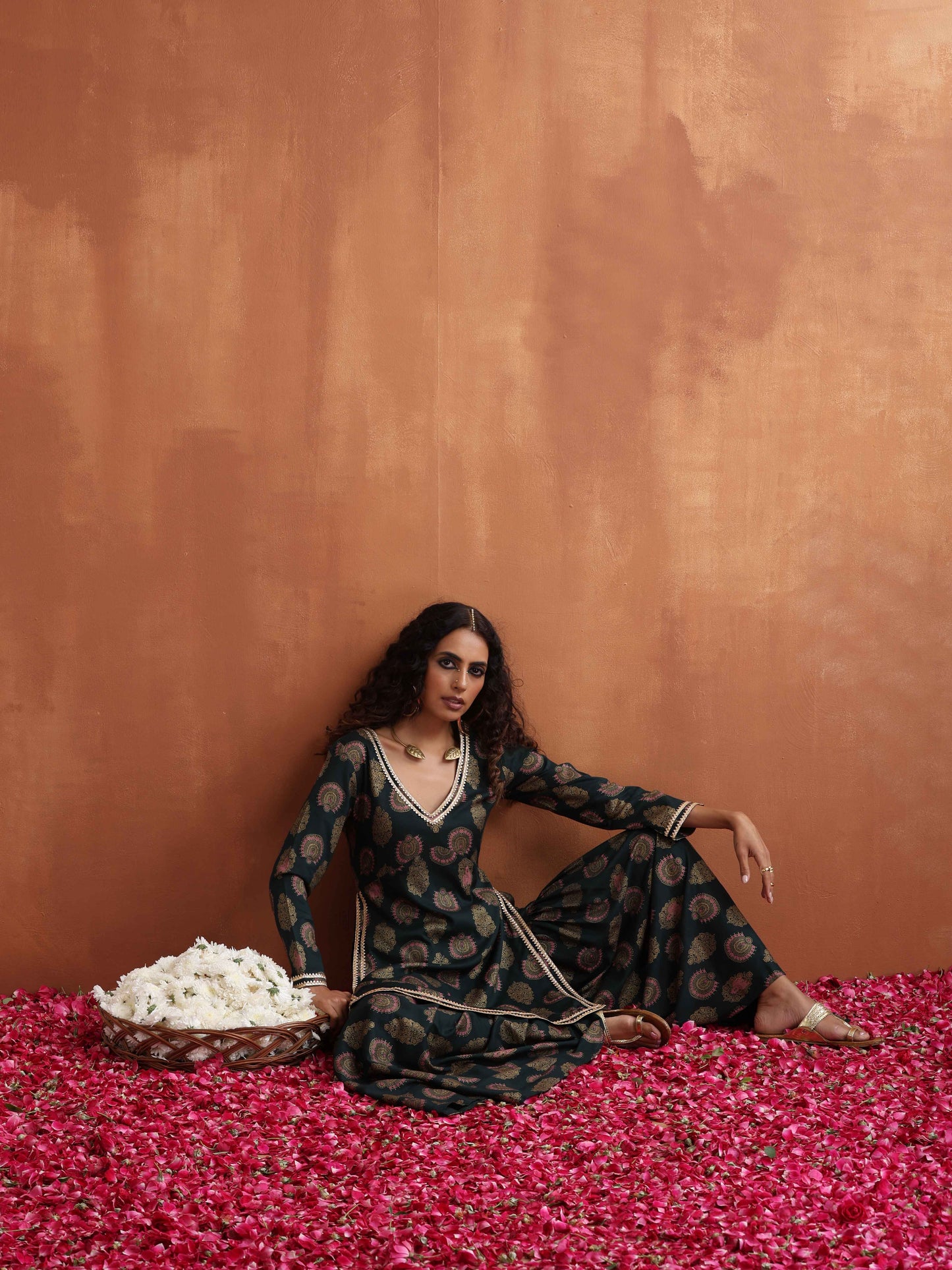 trueBrowns Green Foil Print Sharara Set | Swadesiicart