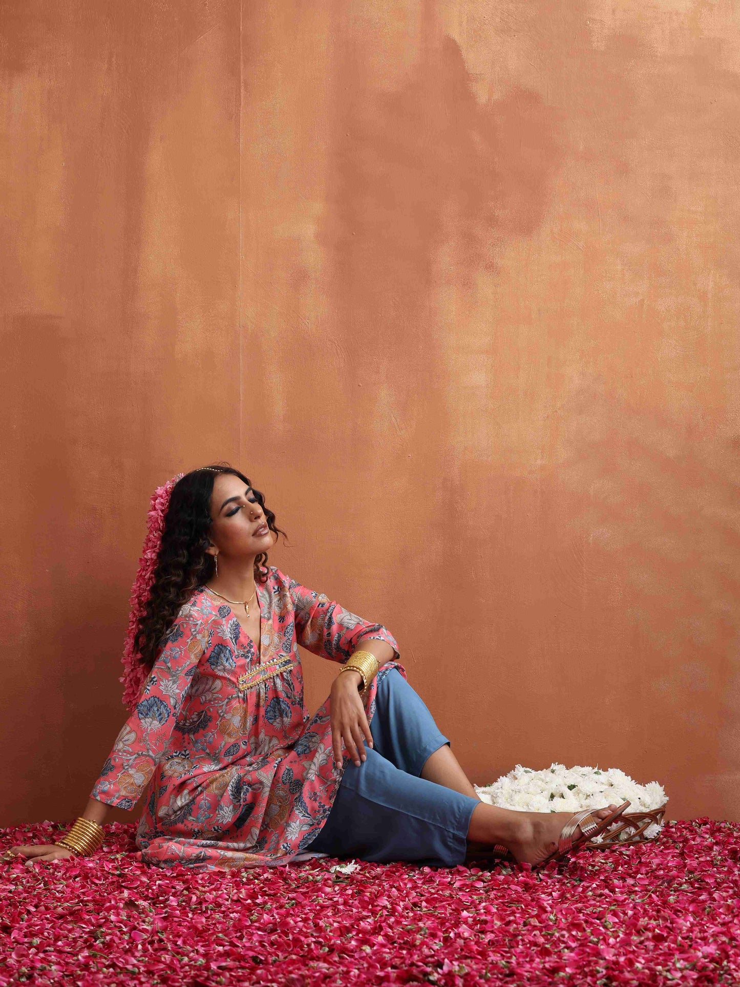 trueBrowns Orange Print A-line Kurta Set | Swadesiicart