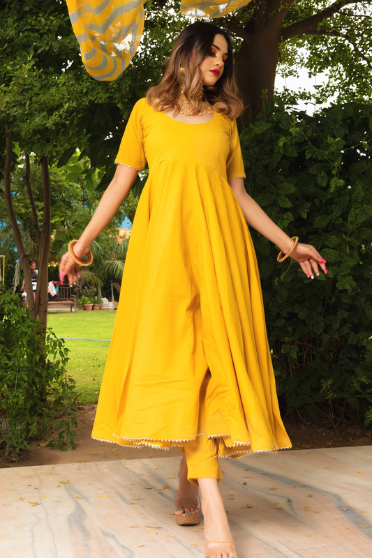 Pomcha Jaipur Rosemarry Yellow Cotton Anarkali Set | Swadesiicart