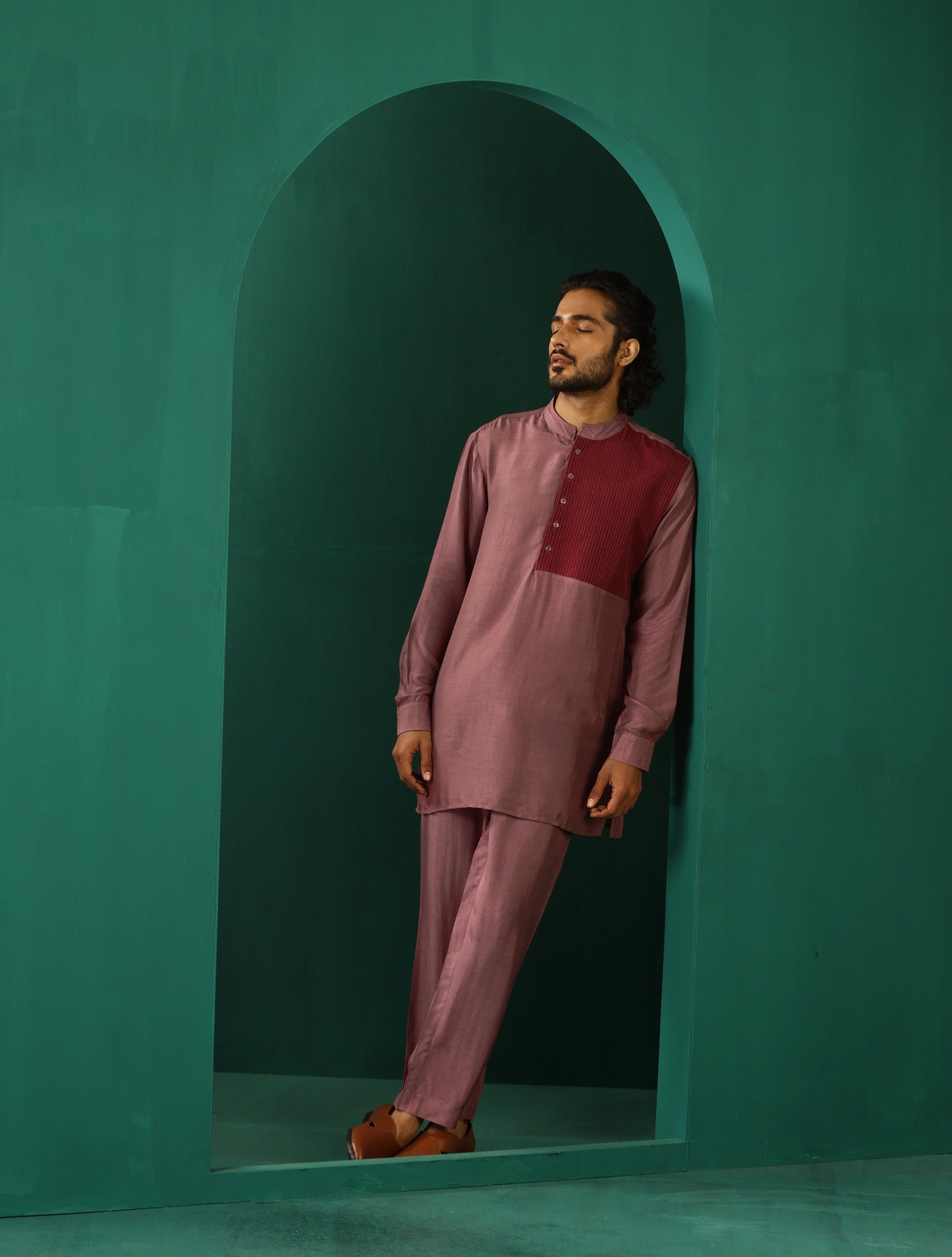 trueBrowns Men's Light Mauve Silk Co-ord Set - Swadesiicart