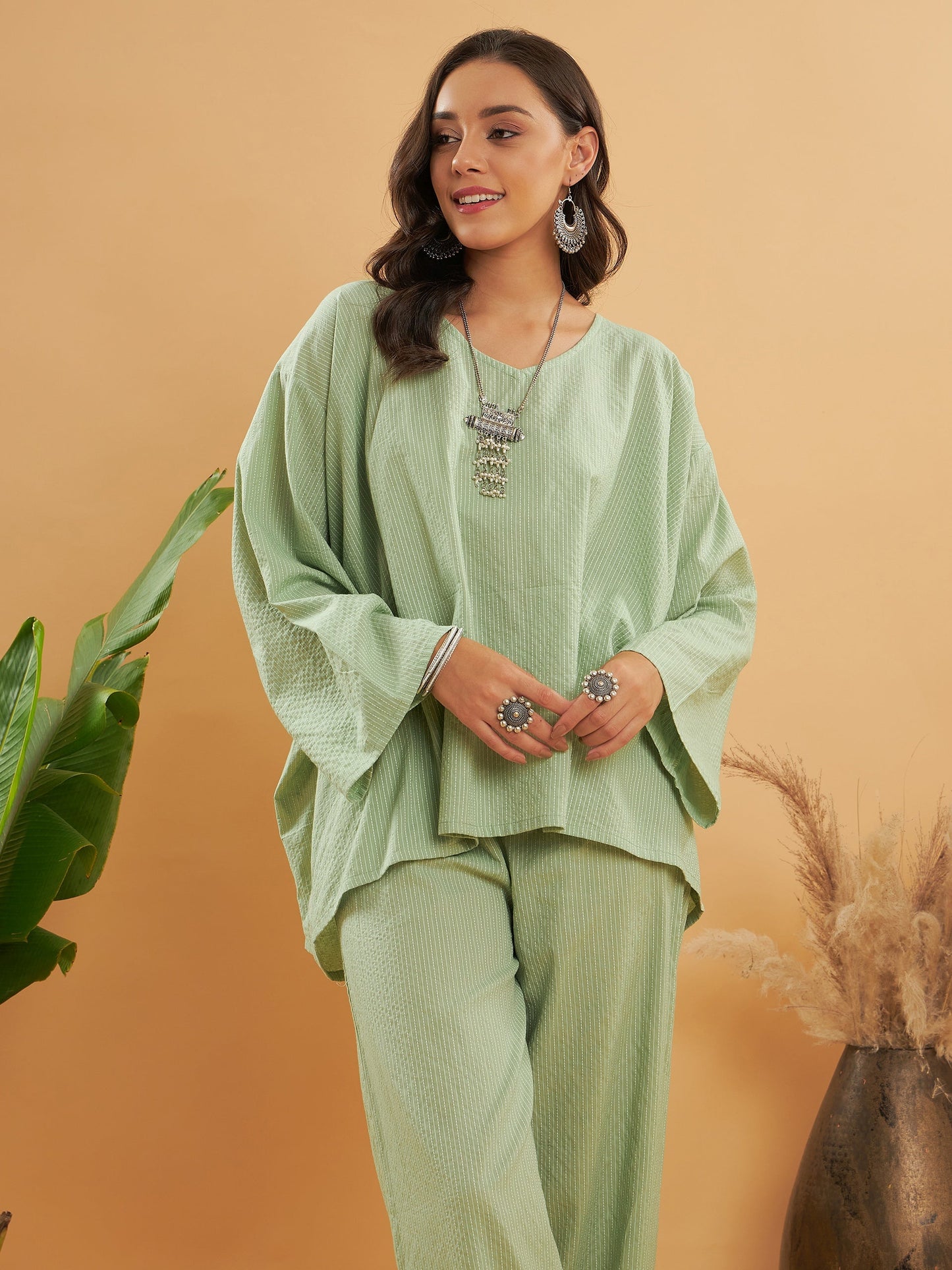 InWeave Women's Sage Green Kantha Boho Full Sleeve Coord Set - Swadesiicart
