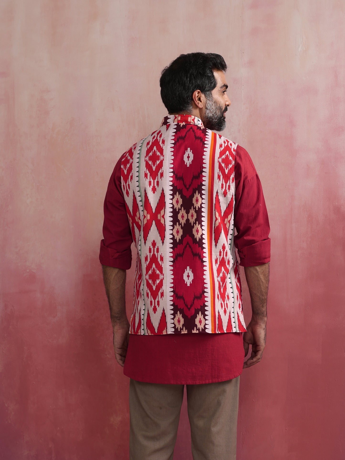 trueBrowns Men's Maroon Ikat Print Cotton Reversible Nehru Jacket | Swadesiicart
