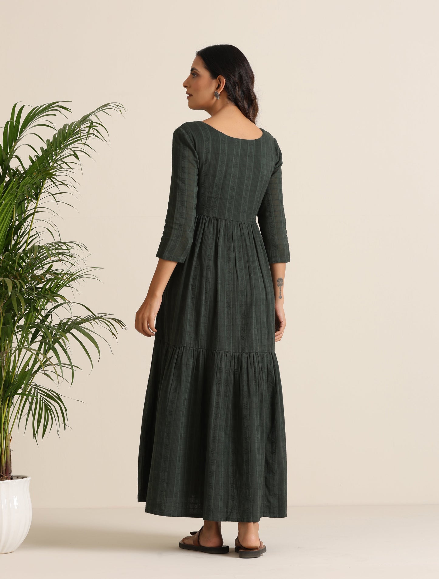 trueBrowns Charcoal Cotton Dobby Tiered Dress - Swadesiicart