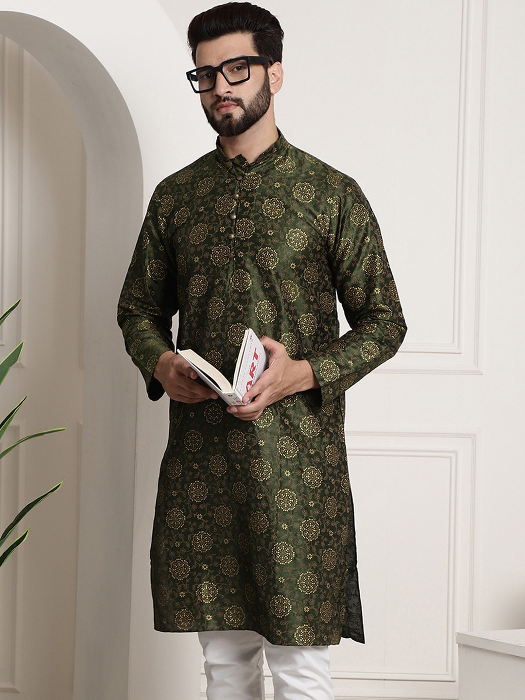 Sojanya Men Green & Brown Ethnic Motifs Printed Kurta | Swadesiicart