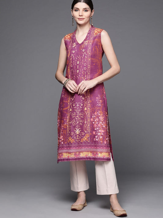 Biba Women Purple & Brown Pure Cotton Ethnic Motifs Printed V-Neck Sleeveless Kurta - Swadesiicart