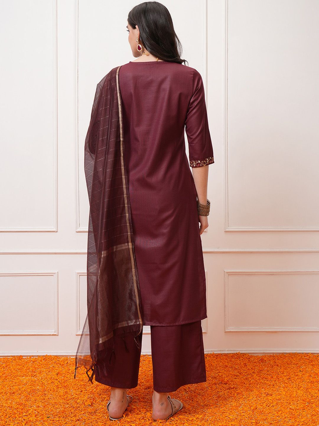 Vishudh Burgundy Ethnic Motifs Yoke Design Thread Work Kurta with Palazzo & Dupatta - Swadesiicart