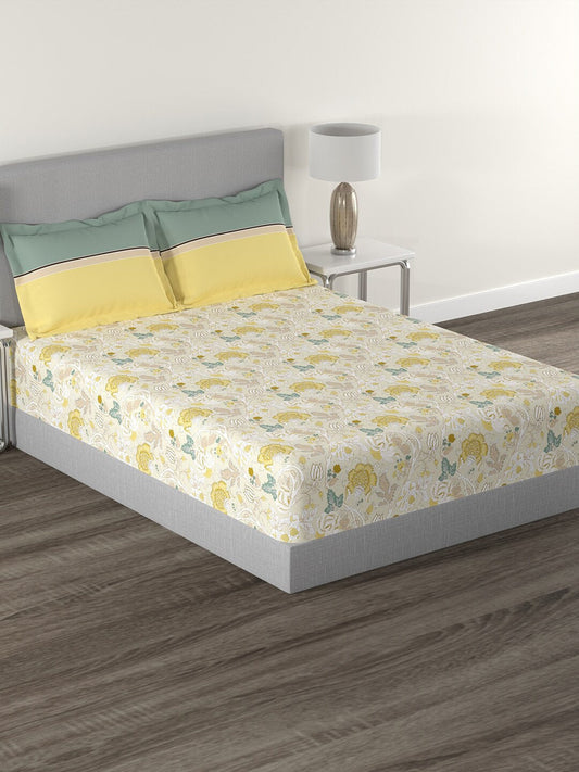 MYTRIDENT Yellow White Floral Cotton 144 TC Queen Bedsheet With 2 Pillow Covers - Swadesiicart