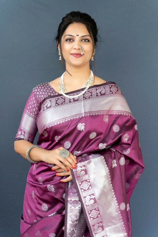 Jyoti Fashion Women's Wine Soft Banarasi Silk Zari Woven Saree with Blouse | Swadesiicart