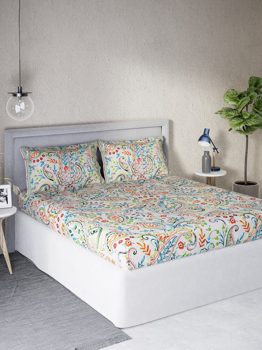 DDecor White & Turquoise Blue Motifs 140 TC Cotton Queen Bedsheet with 2 Pillow Covers - Swadesiicart
