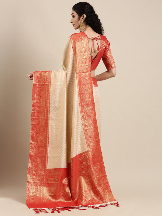 Saree Mall Off White & Red Woven Design Zari Silk Blend Banarasi Saree | Swadesiicart