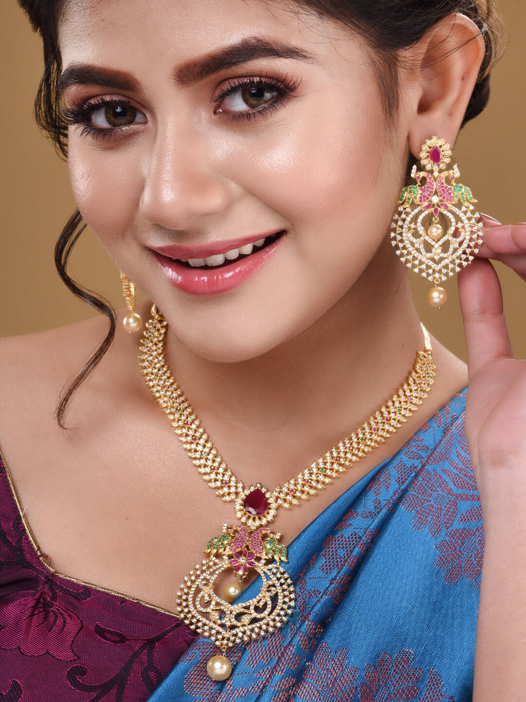 Saraf RS Jewellery Gold-Polished Green & Pink American Diamond Studded & Beaded Handcrafted Jewellery Set - Swadesiicart