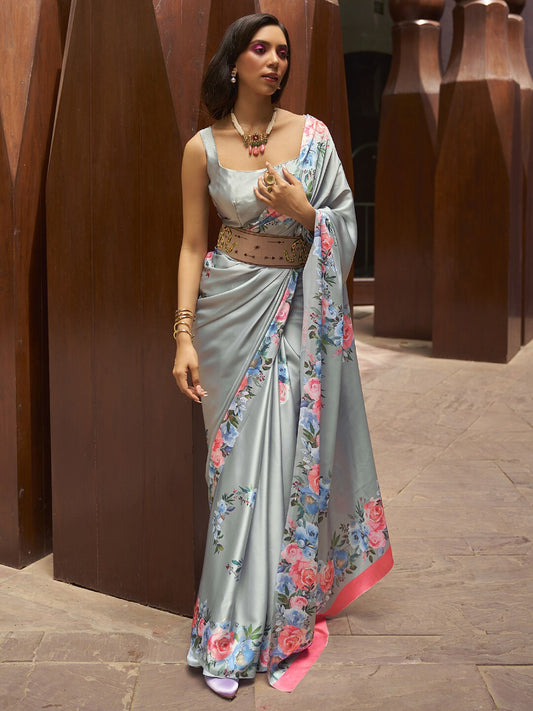 Mitera Grey & Pink Floral Satin Banarasi Saree | Swadesiicart